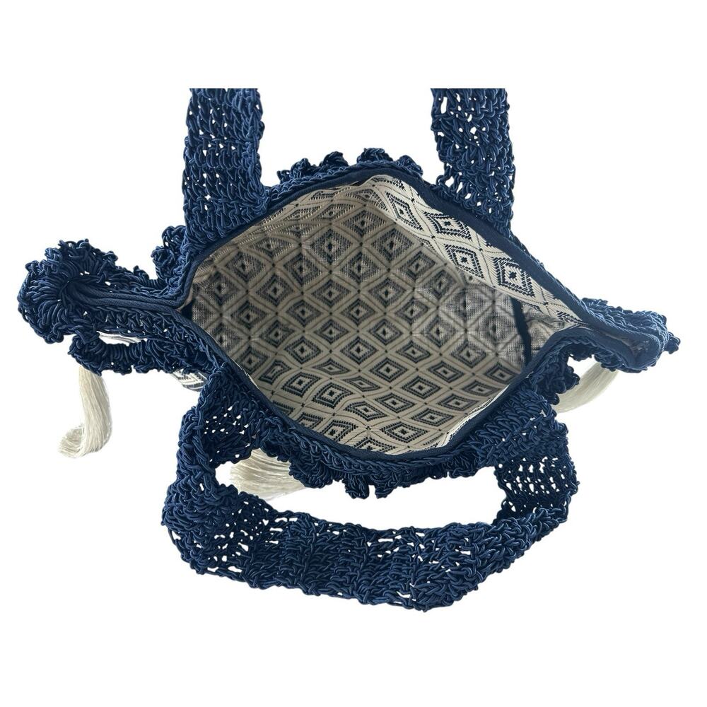 IL GIARDINO DI PIPPO Blue White Woven Tote Bag Tassel Macrame Handles Large - Picture 5 of 10